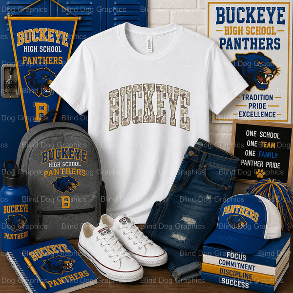 BUCKEYE – Buckeye High School Camo Text Premade DTF Transfer (view 2 of 2) – by Blind Dog Graphis – Premade Transfers – Bu...