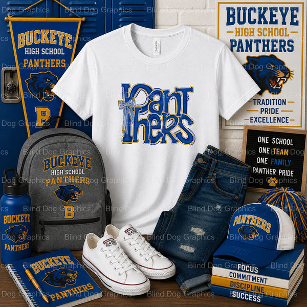BUCKEYE HIGH SCHOOL Panther Head & Preppy Bow – Buckeye High School Premade DTF Transfer (view 1 of 2) – by Blind Dog Grap...