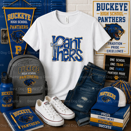 BUCKEYE HIGH SCHOOL Panther Head & Preppy Bow – Buckeye High School Premade DTF Transfer (view 1 of 2) – by Blind Dog Grap...