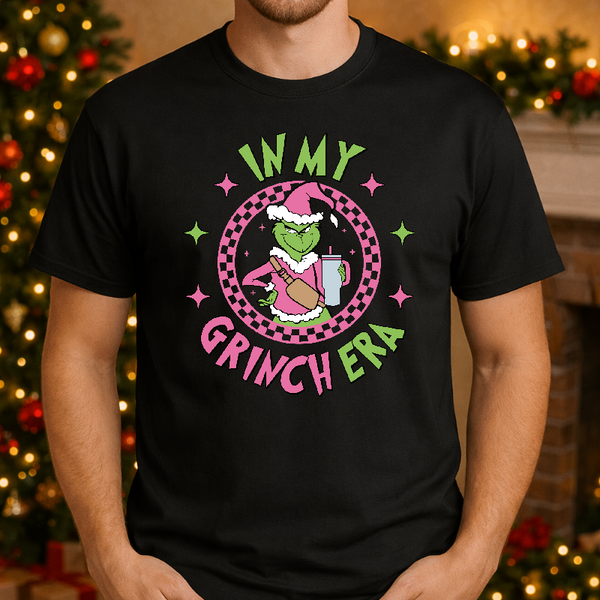 "In my Grinch Era" with Checkerboard Santa Hat – Christmas Premade DTF Transfer