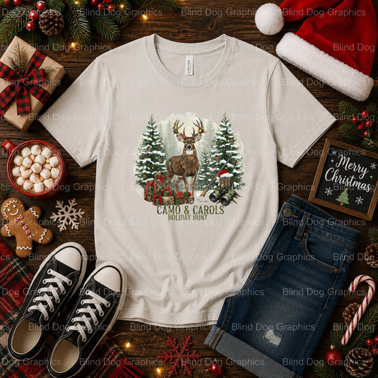 CAMO AND CAROLS HOLIDAY HUNT – Christmas Premade DTF Transfer (view 1 of 2) – by Blind Dog Graphics – Premade Transfers –...