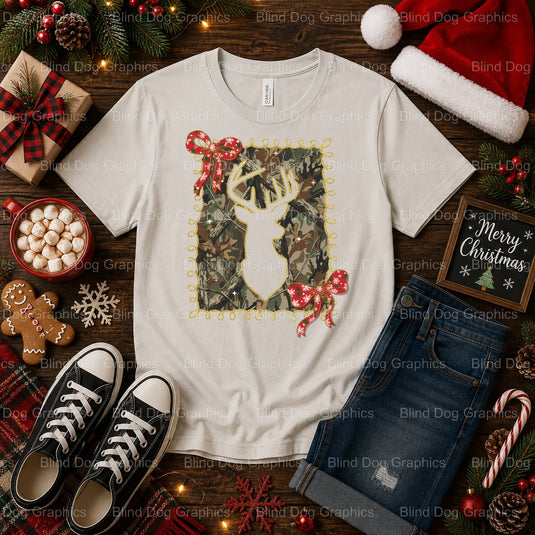 Camo Deer with Santa Hat – Christmas Premade DTF Transfer (view 1 of 2) – by Blind Dog Graphics – Premade Transfers – Chri...