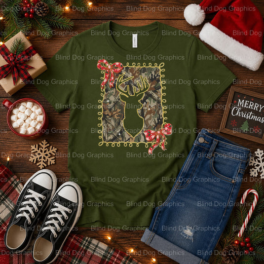 Camo Deer with Santa Hat – Christmas Premade DTF Transfer (view 2 of 2) – by Blind Dog Graphics – Premade Transfers – Chri...