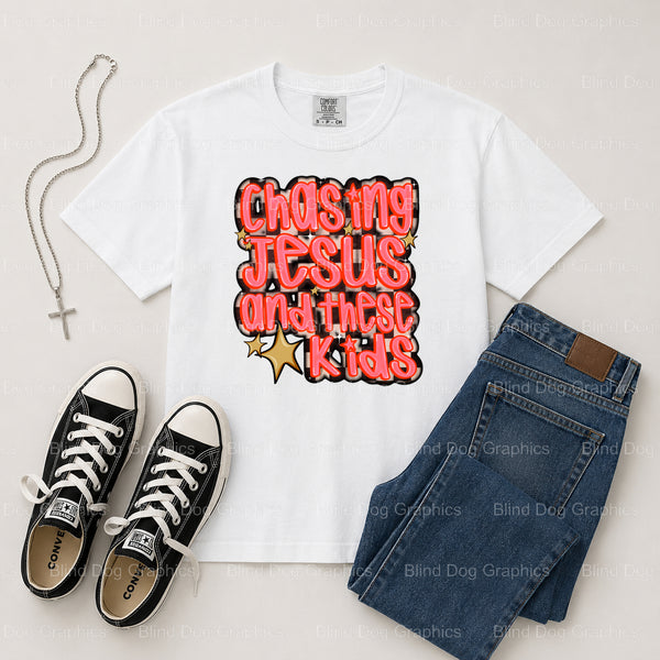 CHASING JESUS and kids – Christian Premade DTF Transfer (view 1 of 2) – by Blind Dog Graphics – Premade Transfers – Christ...
