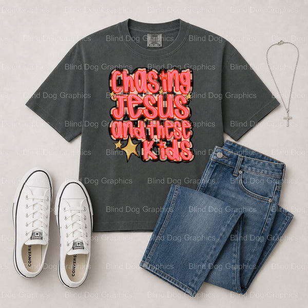 CHASING JESUS and kids – Christian Premade DTF Transfer (view 2 of 2) – by Blind Dog Graphics – Premade Transfers – Christ...