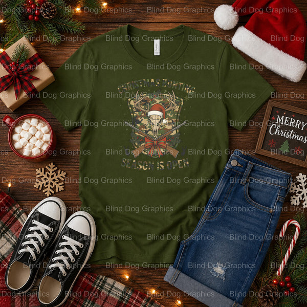 CHRISTMAS HUNTING SEASON IS OPEN Merry Christmas – Christmas Premade DTF Transfer (view 1 of 2) – by Blind Dog Graphics –...
