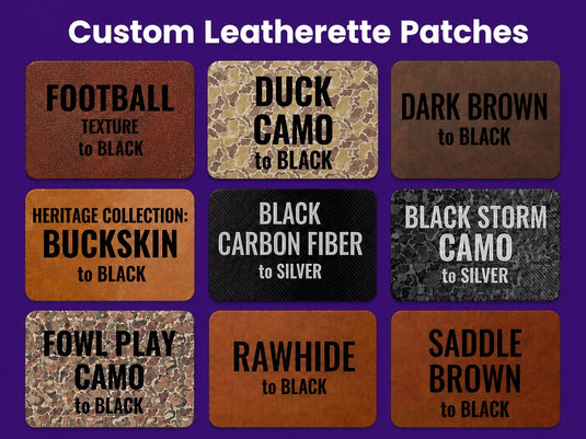 Collection of custom leatherette patches with various color transformations on a purple background.