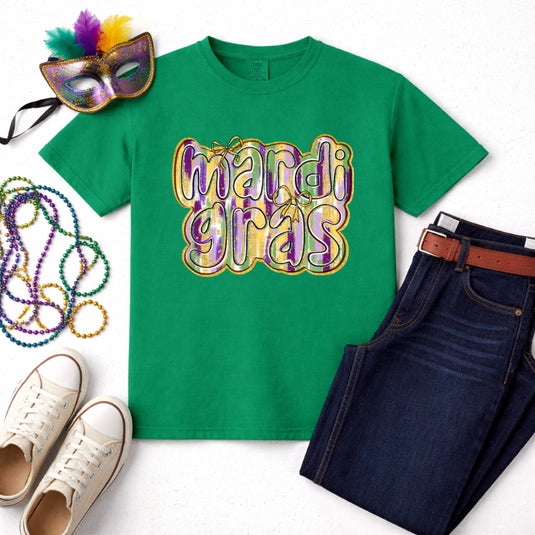 LET THE GOOD TIMES ROLL Skull & Beads – Mardi Gras Premade DTF Transfer