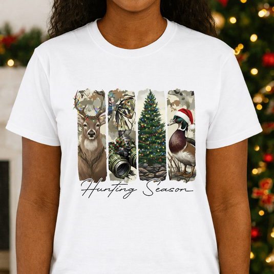 HUNTING SEASON MERRY CHRISTMAS – Duck, Tree, Bow, Binoculars Christmas Premade DTF Transfer