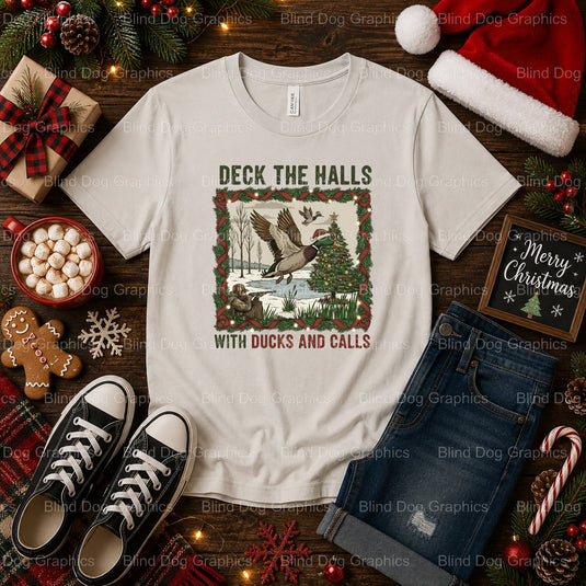 DECK THE HALLS WITH DUCKS AND CALLS – Christmas Premade DTF Transfer (view 2 of 2) – by Blind Dog Graphics – Premade Trans...