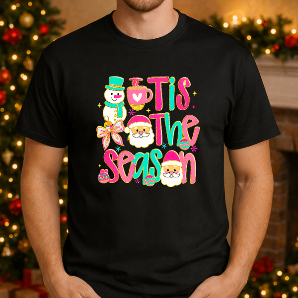 Tis The Season Pink Aqua Bow Lights – Christmas Premade DTF Transfer