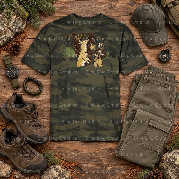 DEER CAMP - Deer Skull & Rifles Hunting Premade DTF Transfer (view 1 of 2) – by Blind Dog Graphics – Premade Transfers – H...