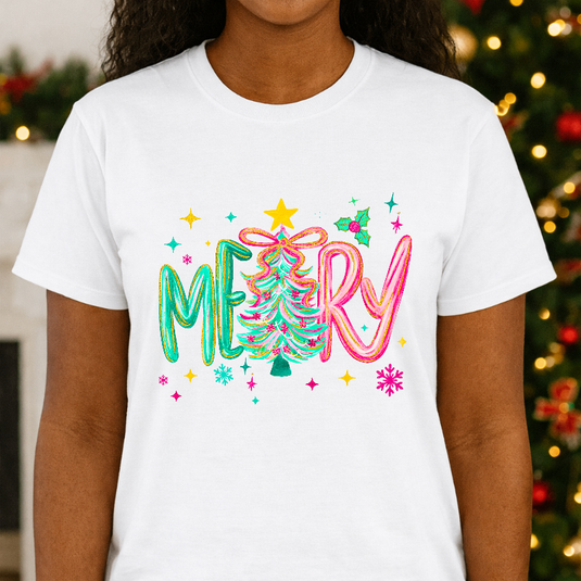 Merry – Retro Pink Bus & Christmas Trees Christmas Premade DTF Transfer