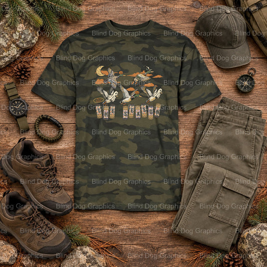 DUCK 'TIS THE SEASON - Duck Hunting Halloween Premade DTF Transfer (view 1 of 2) – by Blind Dog Graphics – Premade Transfe...