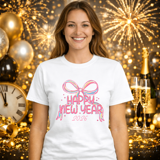 Happy New Year 2026 Pink Bow – New Years Premade DTF Transfer