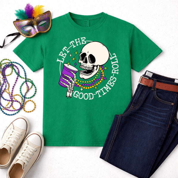 LET THE GOOD TIMES ROLL Skeleton Jester – Mardi Gras Premade DTF Transfer