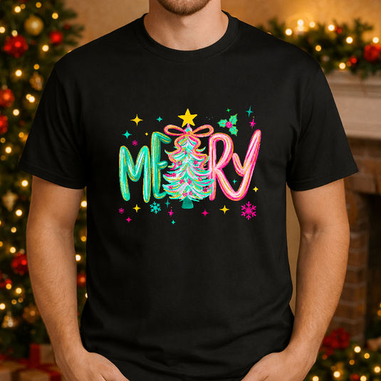 Merry – Retro Pink Bus & Christmas Trees Christmas Premade DTF Transfer
