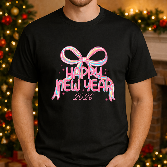 Happy New Year 2026 Pink Bow – New Years Premade DTF Transfer