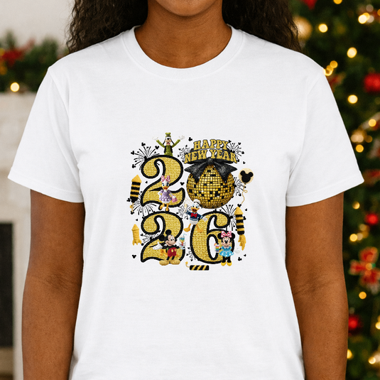 2026 Happy New Year – Cartoon Characters Faux Yarn Texture – New Years Premade DTF Transfer