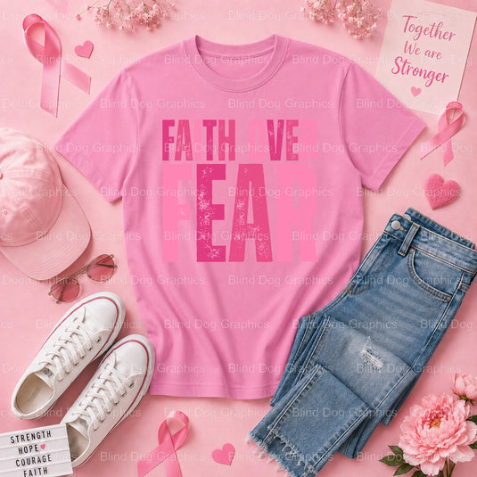 Faith Over Fear Pink Ribbon - Breast Cancer Awareness Premade DTF Transfer (view 2 of 3) – by Blind Dog Graphics – Premade...