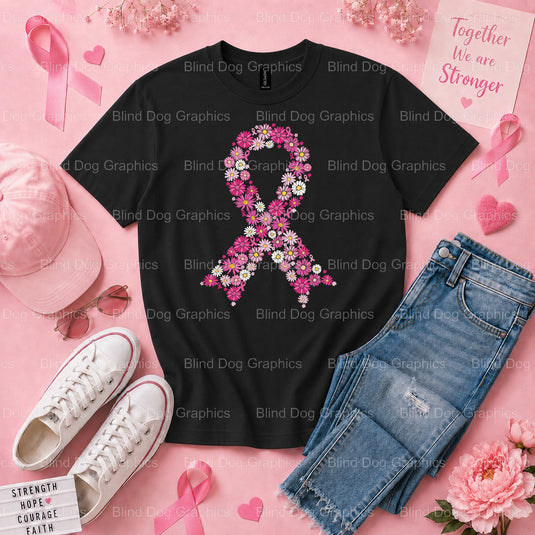 FIGHTER Pink Ribbon Glitter - Breast Cancer Awareness Premade DTF Transfer (view 1 of 3) – by Blind Dog Graphics – Premade...