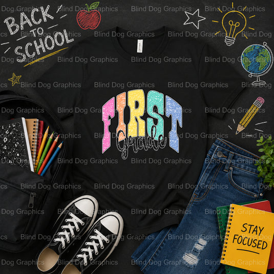 FIRST GRADE CREW – School Premade DTF Transfer (view 1 of 2) – by Blind Dog Graphics – Premade Transfers – School DTF Tran...