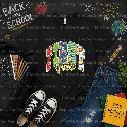 FIRST GRADE DUDE – School Premade DTF Transfer (view 1 of 2) – by Blind Dog Graphics – Premade Transfers – School DTF Tran...