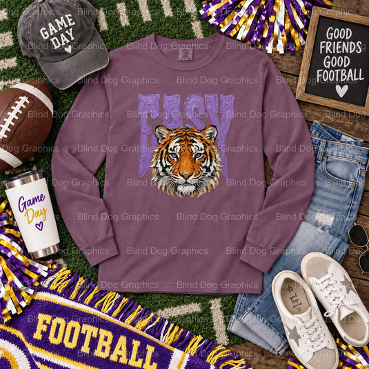 Fun 'EASY TIGER' LSU DTF transfer featuring a cartoon tiger in a purple and gold striped beanie. Perfect ready-to-press de...