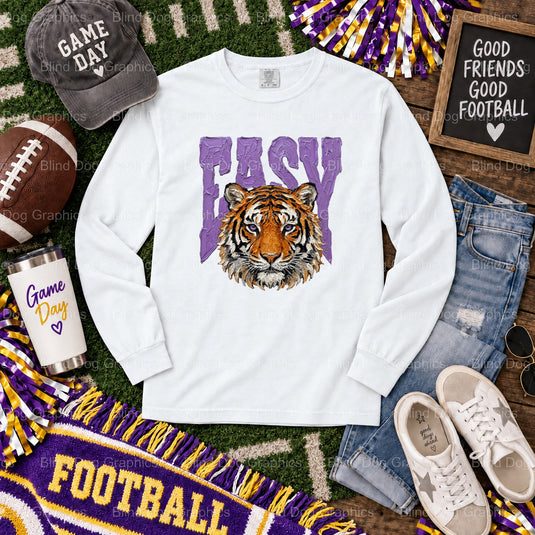 Fun 'EASY TIGER' LSU DTF transfer featuring a cartoon tiger in a purple and gold striped beanie. Perfect ready-to-press de...