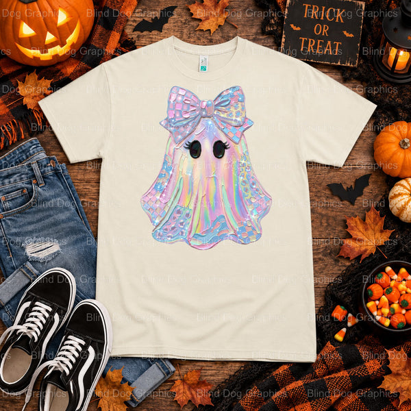 Ghost with Witch Hat and Pumpkin – Halloween Premade DTF Transfer (view 1 of 2) – by Blind Dog Graphics – Premade Transfer...