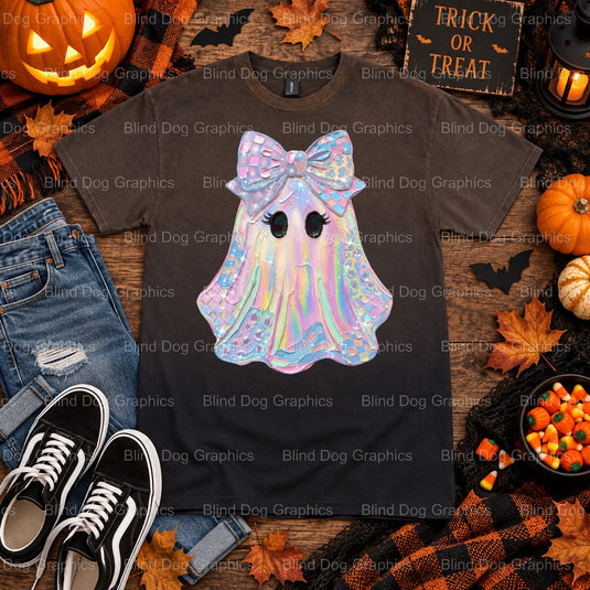 Ghost with Witch Hat and Pumpkin – Halloween Premade DTF Transfer (view 2 of 2) – by Blind Dog Graphics – Premade Transfer...