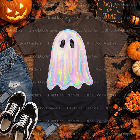 Ghost with Witch Hat – Halloween Premade DTF Transfer (view 2 of 2) – by Blind Dog Graphics – Premade Transfers – Hallowee...