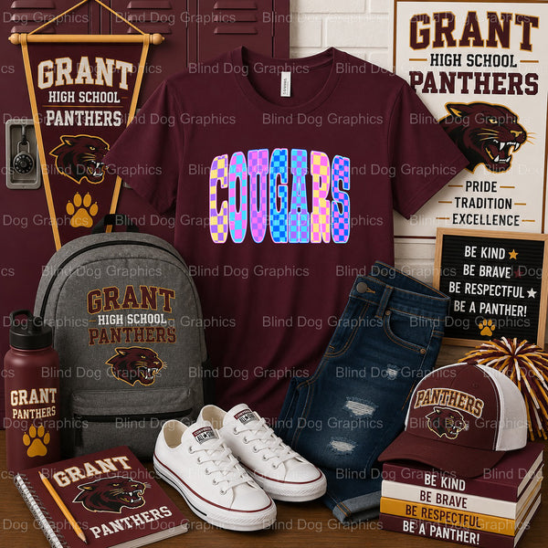 GHS Cougars Checker Neon – Grant High School Premade DTF Transfer (view 1 of 2) – by Blind Dog Graphics – Premade Transfer...