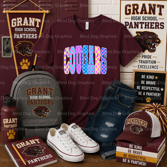 GHS Cougars Checker Neon – Grant High School Premade DTF Transfer (view 1 of 2) – by Blind Dog Graphics – Premade Transfer...