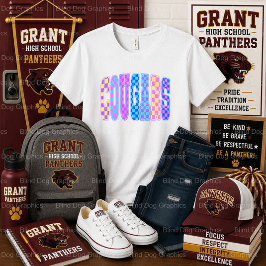 GHS Cougars Checker Neon – Grant High School Premade DTF Transfer (view 2 of 2) – by Blind Dog Graphics – Premade Transfer...