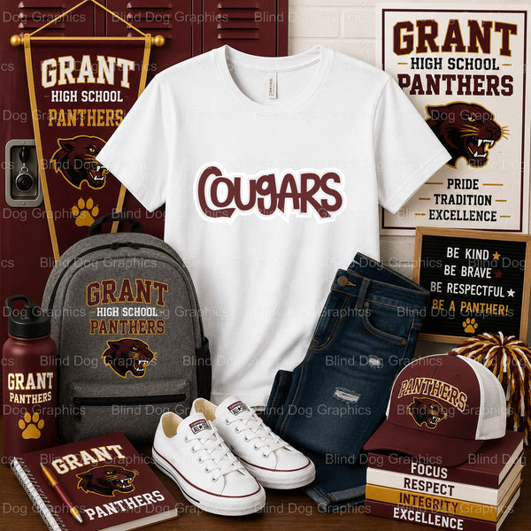GHS COUGARS Cougar Head Outline – Grant High School Premade DTF Transfer (view 1 of 2) – by Blind Dog Graphics – Premade T...
