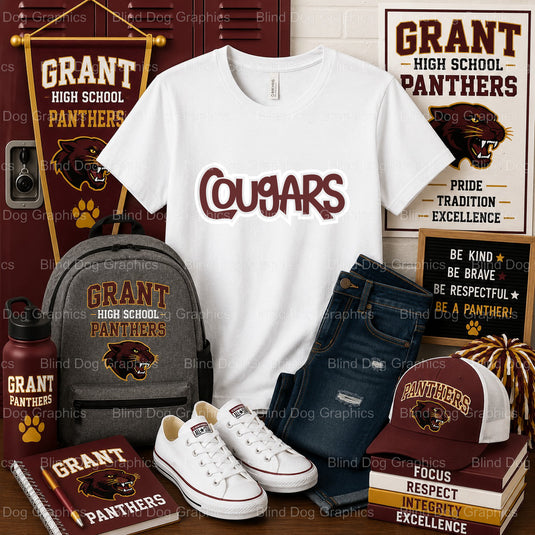 GHS COUGARS Cougar Head Outline – Grant High School Premade DTF Transfer (view 1 of 2) – by Blind Dog Graphics – Premade T...