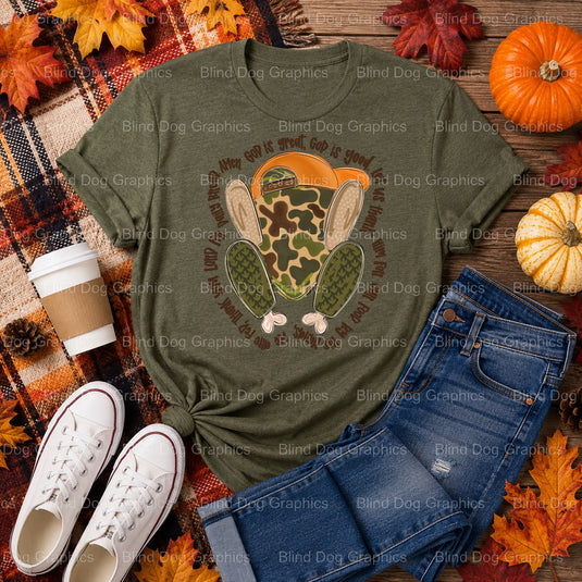 God is great God is good Turkey with Hat – Thanksgiving Premade DTF Transfer (view 2 of 2) – by Blind Dog Graphics – Prema...