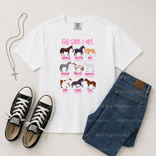 God says I am worthy loved strong chosen enough – Christian Premade DTF Transfer (view 2 of 2) – by Blind Dog Graphics – P...