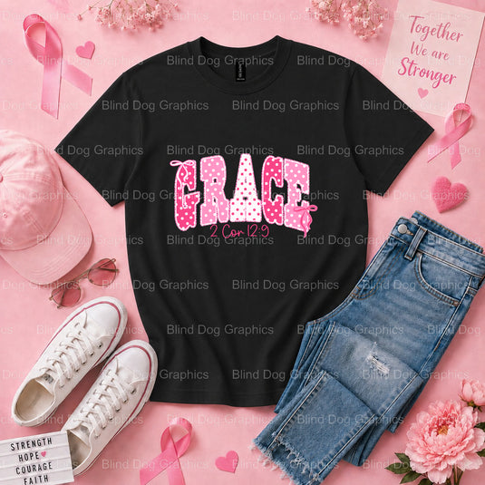 GRACE 2 Corinthians 12:9 - Breast Cancer Awareness Premade DTF Transfer (view 3 of 3) – by Blind Dog Graphics – Premade Tr...
