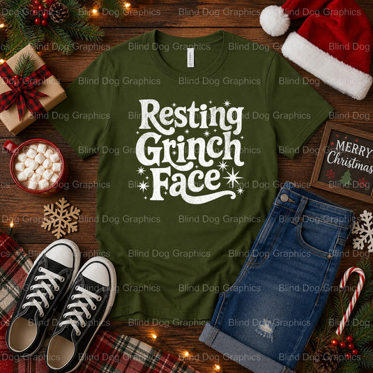 Green Grumpy Character in Santa Hat – Christmas Premade DTF Transfer (view 2 of 2) – by Blind Dog Graphics – Premade Trans...