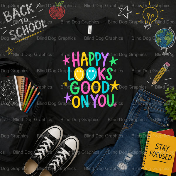 Happy Looks Good On You – School Premade DTF Transfer (view 1 of 2) – by Blind Dog Graphics – Premade Transfers – School D...