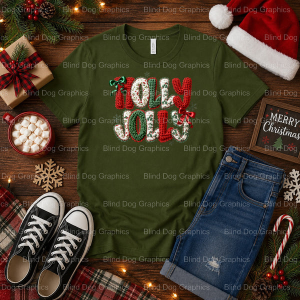 HOLLY JOLLY – Christmas Premade DTF Transfer (view 1 of 2) – by Blind Dog Graphics – Premade Transfers – Christmas, Holiday
