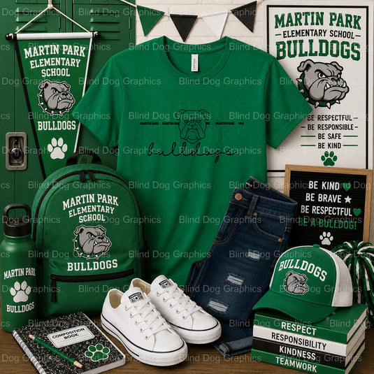 HOME OF THE BULLDOGS Martin Park Elementary School Premade DTF Transfer (view 1 of 2) – by Blind Dog Graphics – Premade Tr...