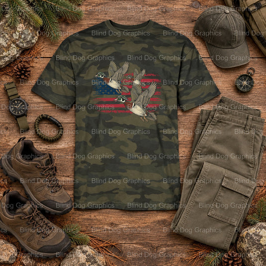HUNTING - Patriotic Duck Hunting Silhouette - Premade DTF Transfer (view 1 of 2) – by Blind Dog Graphics – Premade Transfe...