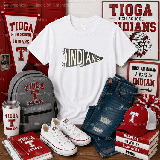 INDIANS TIOGA Feather Graphic – Tioga High School Premade DTF Transfer (view 1 of 2) – by Blind Dog Graphics – Premade Tra...