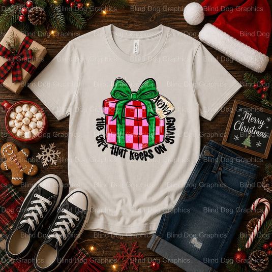 JESUS IS THE GIFT THAT KEEPS ON GIVING – Christmas Premade DTF Transfer (view 2 of 2) – by Blind Dog Graphics – Premade Tr...