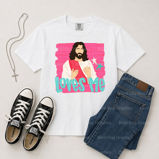 JESUS LOVES ME – Christian Premade DTF Transfer (view 1 of 2) – by Blind Dog Graphics – Premade Transfers – Christian, Faith