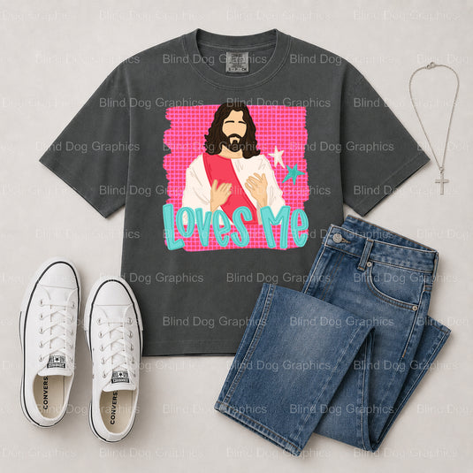 JESUS LOVES ME – Christian Premade DTF Transfer (view 2 of 2) – by Blind Dog Graphics – Premade Transfers – Christian, Faith