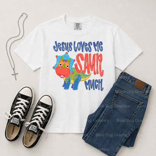 JESUS LOVES ME SAUR MUCH – Christian Premade DTF Transfer (view 2 of 2) – by Blind Dog Graphics – Premade Transfers – Chri...